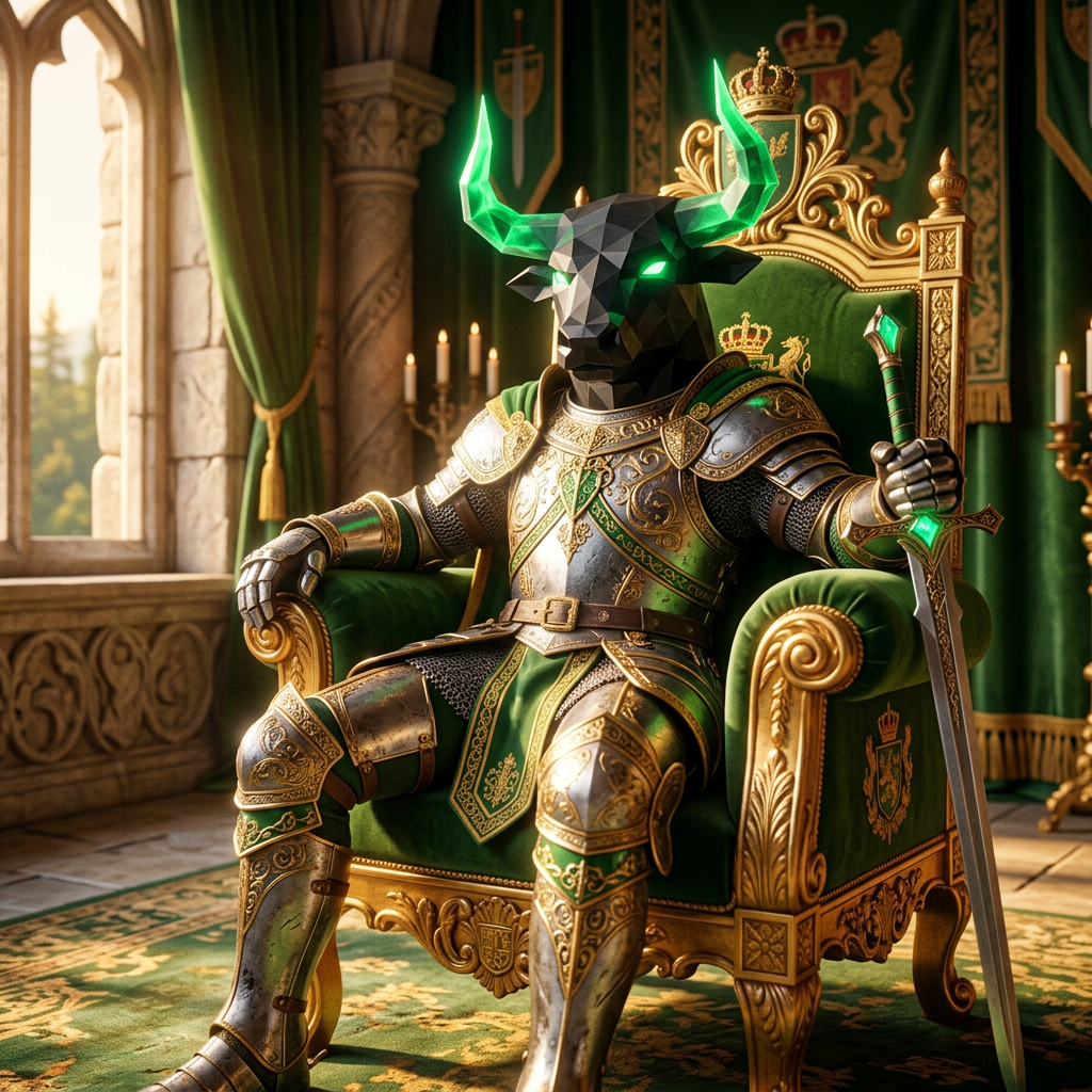 Swordbull resting on a golden throne in his emerald kingdom