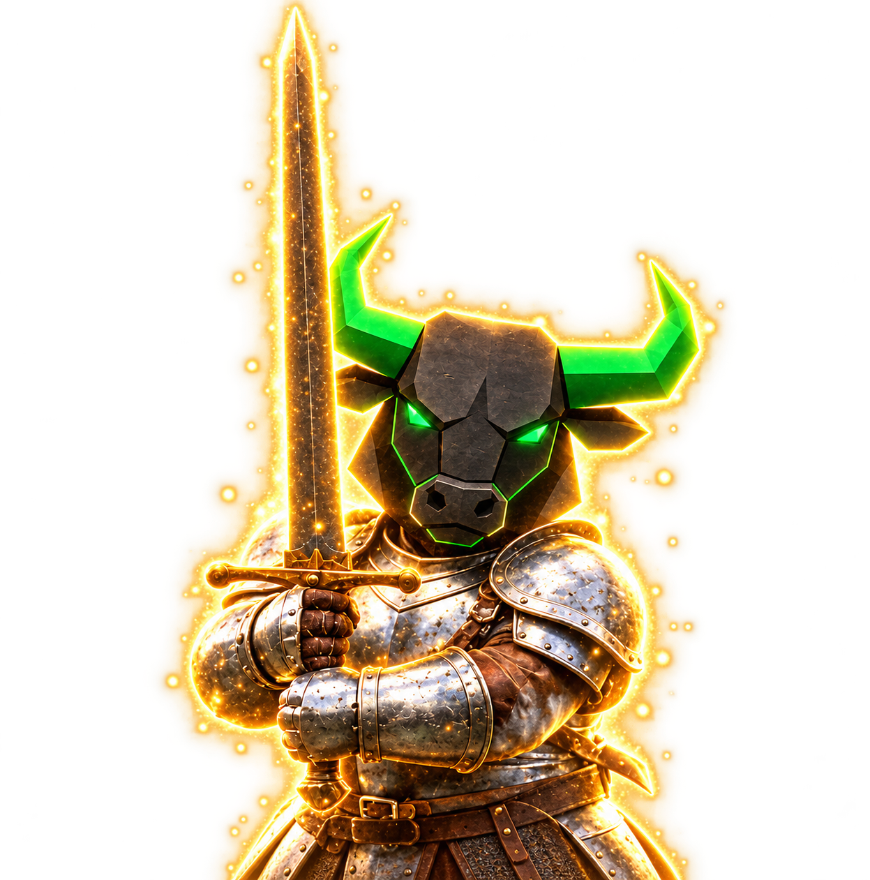 Swordbull, an armored black bull with emerald horns and a glowing golden sword